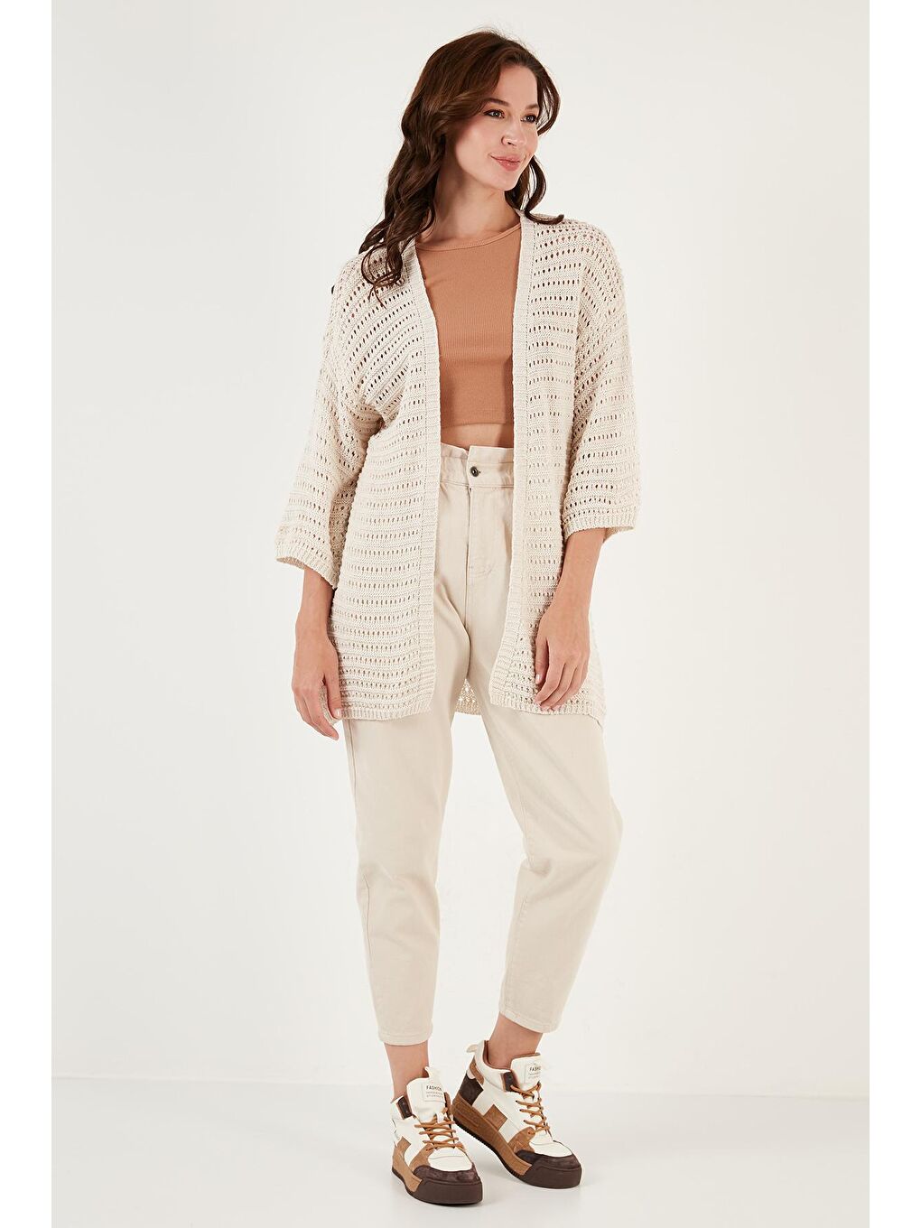 Ekru Ajurlu Truvakar Kol Örme Uzun Hırka 6071573-3