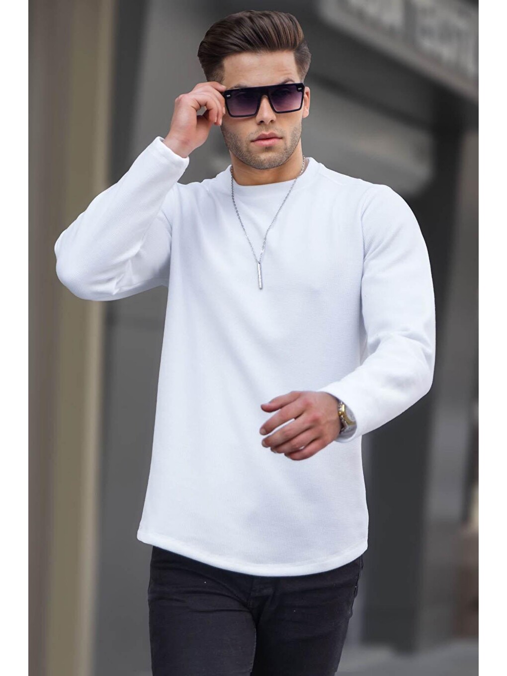 Beyaz Bisiklet Yaka Regular Fit Basic Sweatshirt 6023