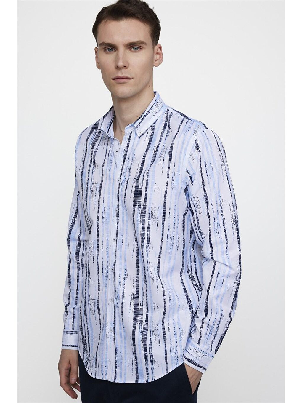 Slim Fit Uzun Kol Baskılı Yaka Biyeli Beyaz Gömlek-2