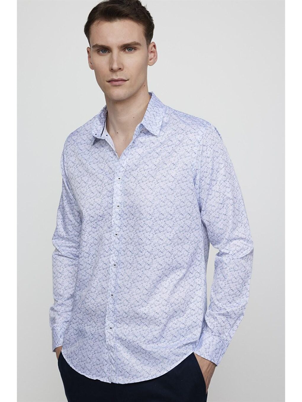 Slim Fit Uzun Kol Baskılı Yaka Biyeli Beyaz Gömlek-1