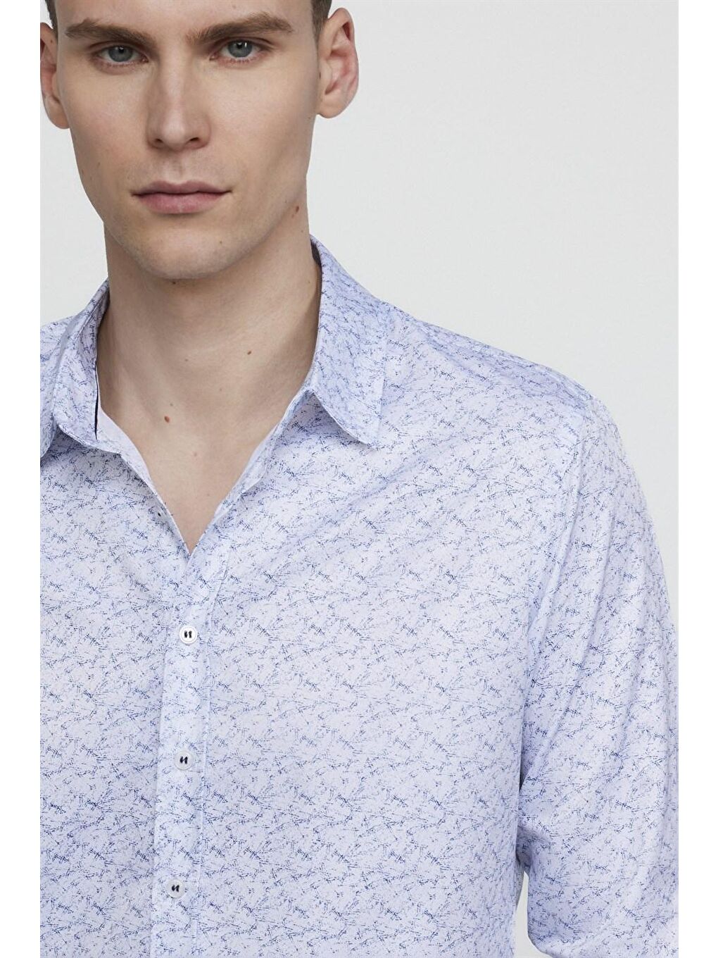 Slim Fit Uzun Kol Baskılı Yaka Biyeli Beyaz Gömlek-2