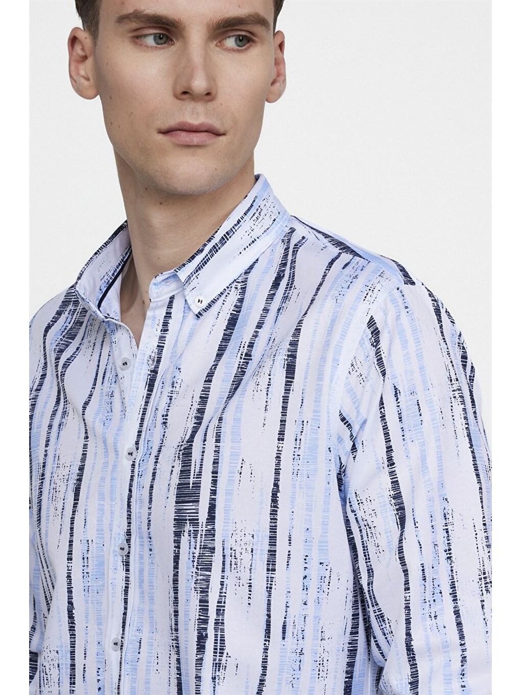 Slim Fit Uzun Kol Baskılı Yaka Biyeli Beyaz Gömlek-3