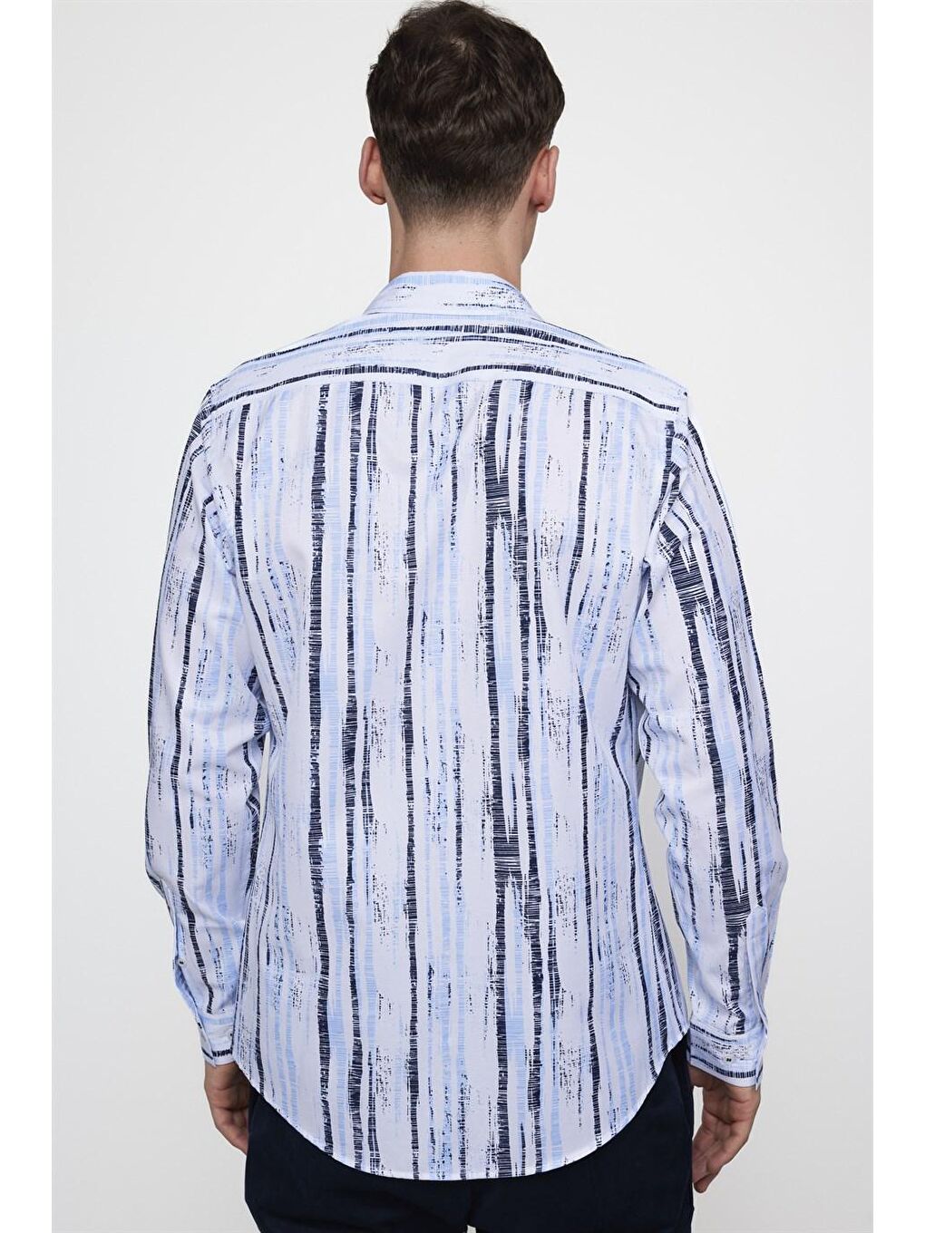 Slim Fit Uzun Kol Baskılı Yaka Biyeli Beyaz Gömlek-1