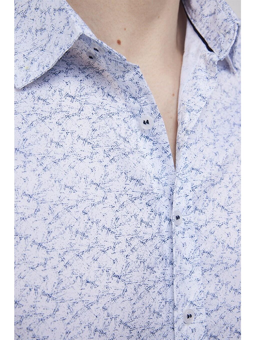 Slim Fit Uzun Kol Baskılı Yaka Biyeli Beyaz Gömlek-4