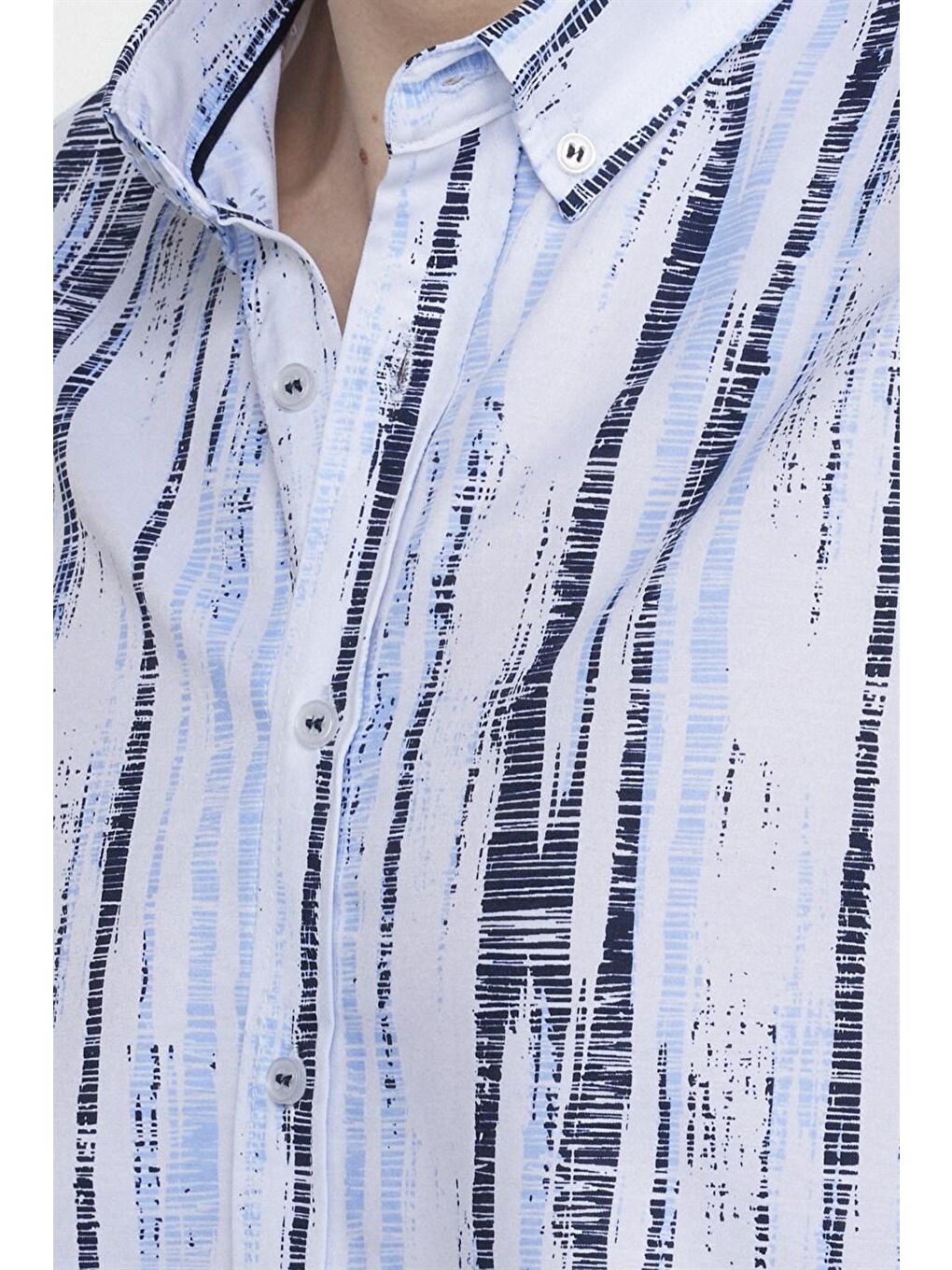 Slim Fit Uzun Kol Baskılı Yaka Biyeli Beyaz Gömlek-4