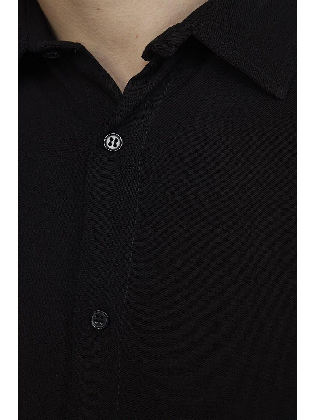 Relax Fit  Kısa Kol Düz Viskon Erkek Siyah Gömlek-4