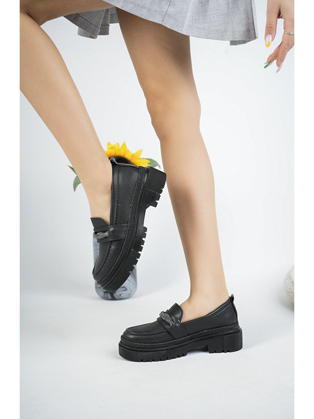 Siyah Muggo Oxford  Kadın Loafer Kalın Taban Günlük Casual Makosen Ayakkabı