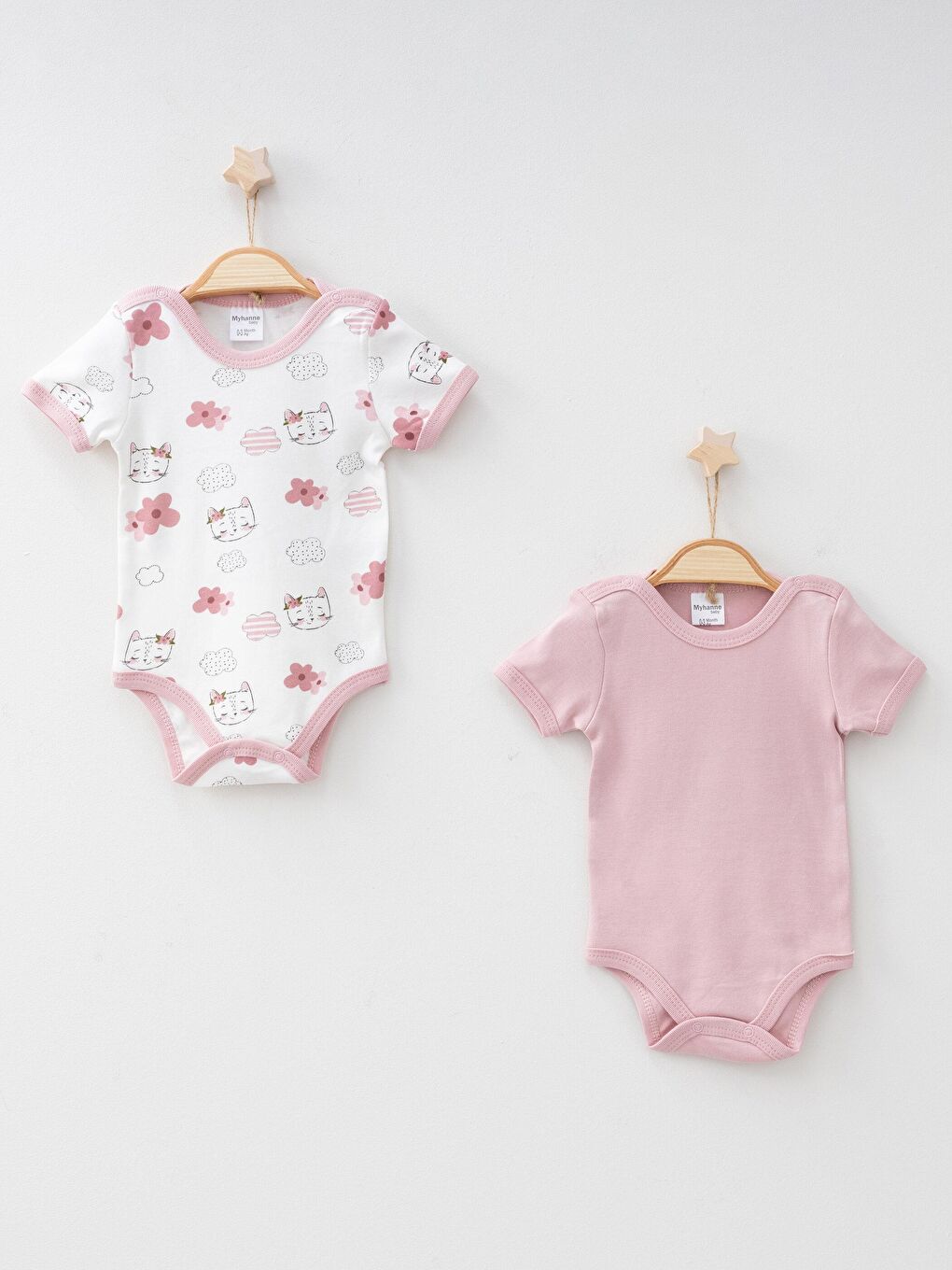 Pembe Bisiklet Yaka Kısa Kollu Kedi Desenli  Çıtçıtlı Body 2'li