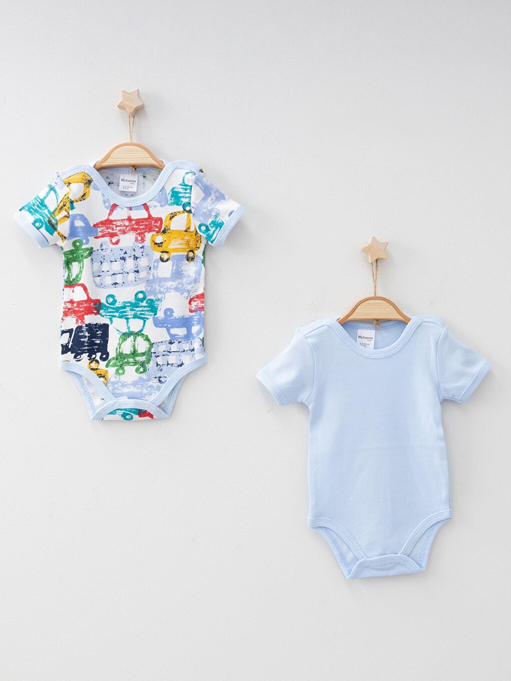 Mavi Bisiklet Yaka Kısa Kollu Araba Desenli  Çıtçıtlı Body 2'li
