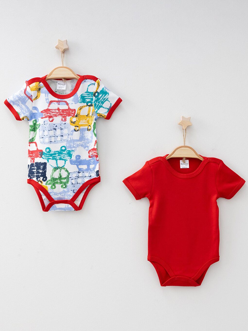 Kırmızı Bisiklet Yaka Kısa Kollu Araba Desenli  Çıtçıtlı Body 2'li