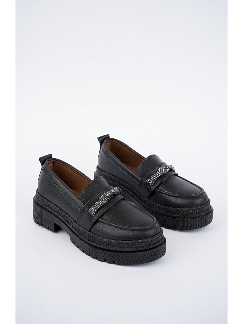 Siyah Muggo Oxford  Kadın Loafer Kalın Taban Günlük Casual Makosen Ayakkabı-3