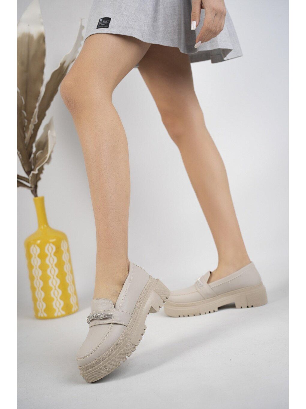 Bej Muggo Oxford  Kadın Loafer Kalın Taban Günlük Casual Makosen Ayakkabı-2