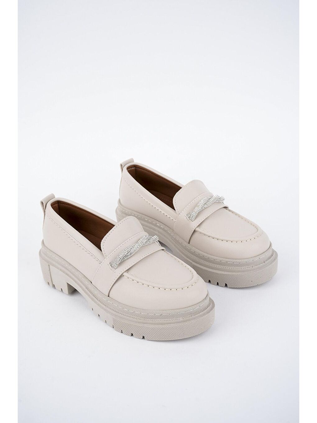 Bej Muggo Oxford  Kadın Loafer Kalın Taban Günlük Casual Makosen Ayakkabı-3