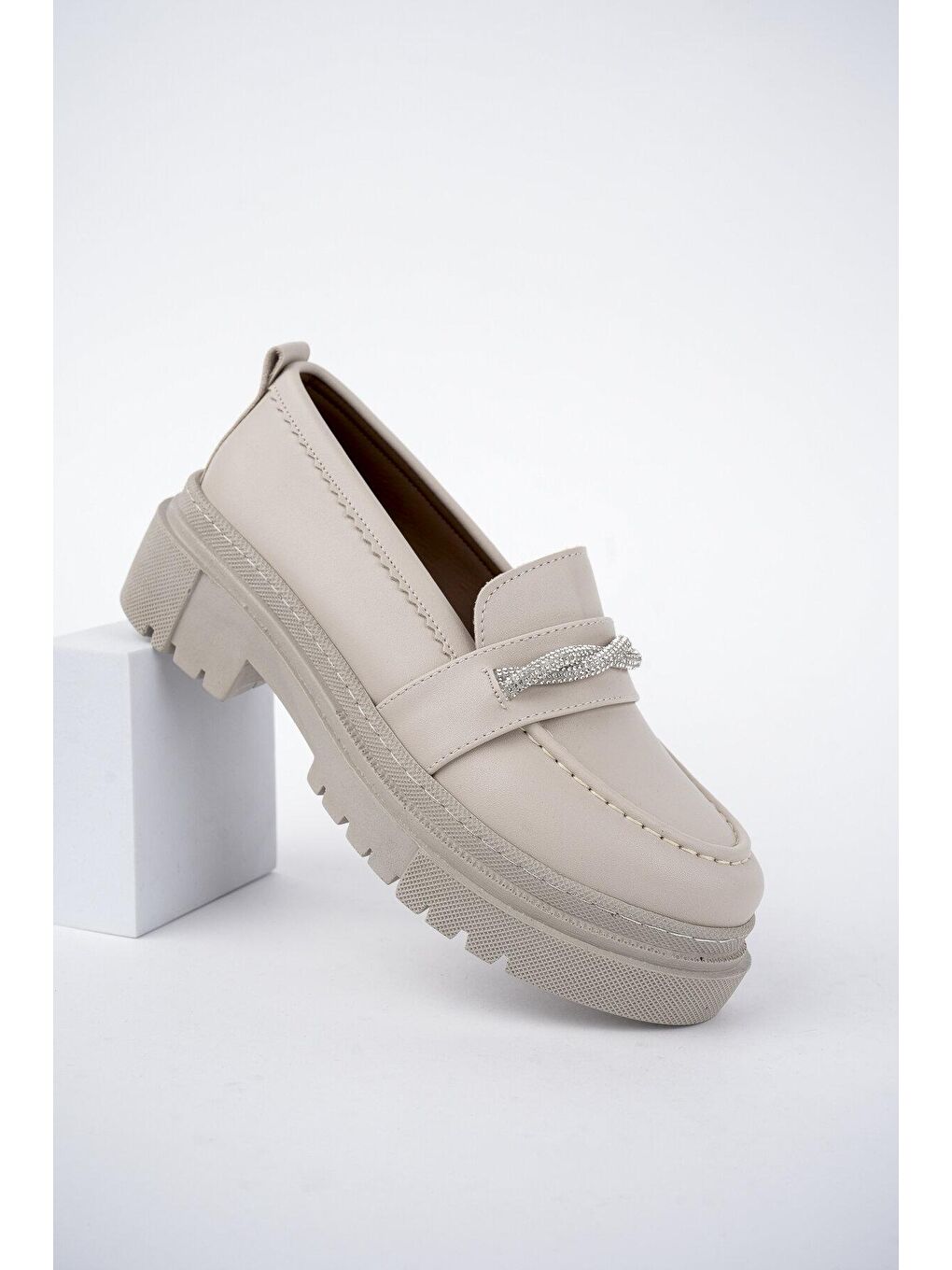 Bej Muggo Oxford  Kadın Loafer Kalın Taban Günlük Casual Makosen Ayakkabı-4