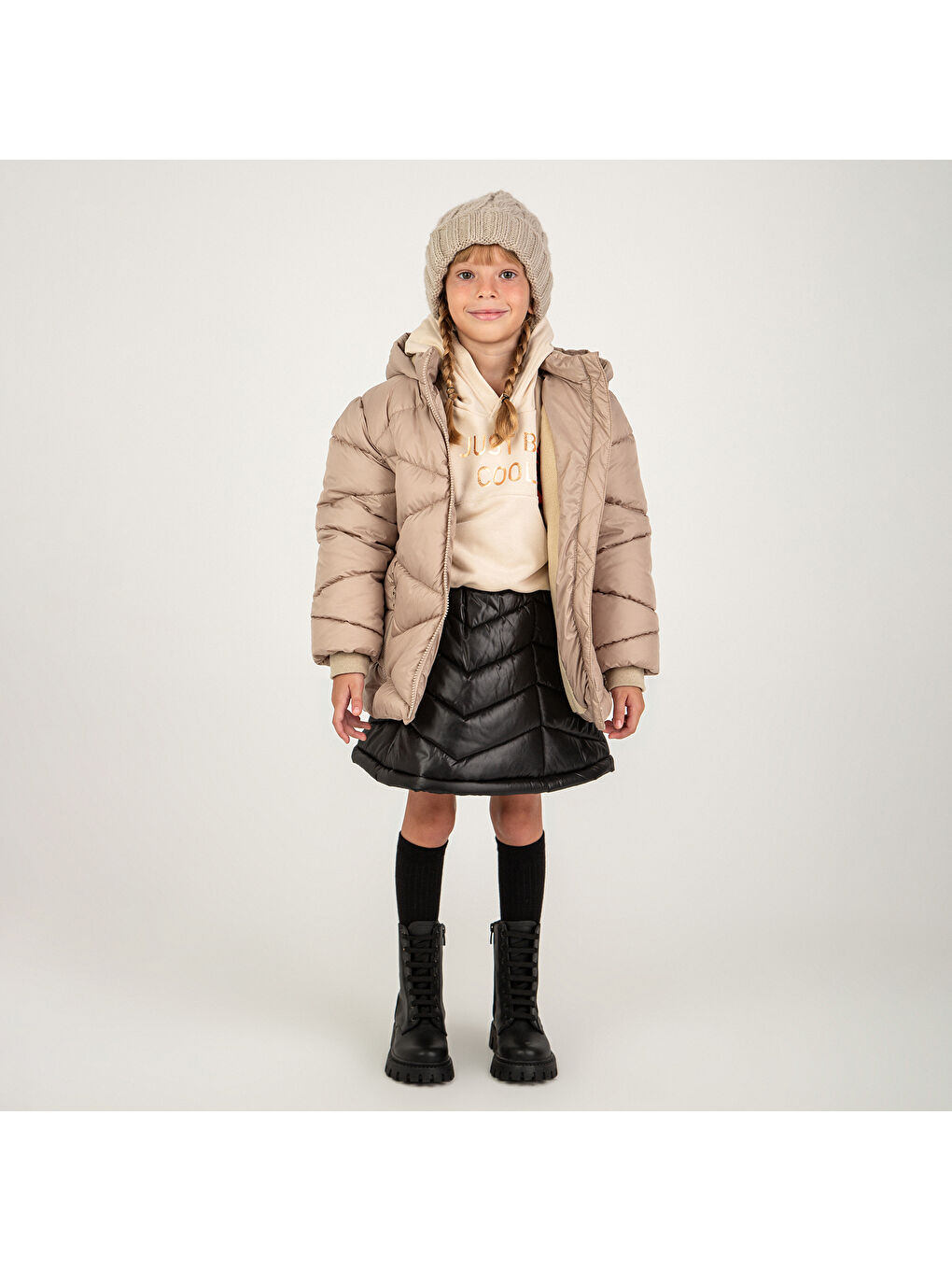 Bej Kız Çocuk Kapüşonlu Kaban