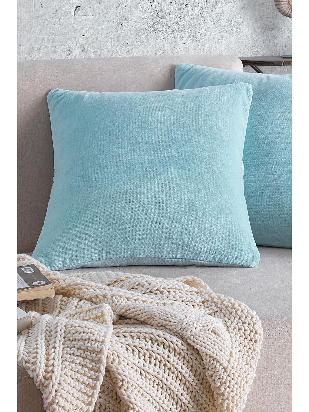 Cozy | 1 Adet Turkuaz Renk Kadife Pamuklu Kırlent Yastık Kılıfı 44x44 Cm-1