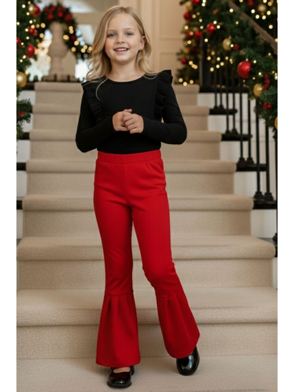 Kız Çocuk Kırmızı Ispanyol Paça Yüksek Bel Lastikli Yılbaşı Tayt Pantolon-1