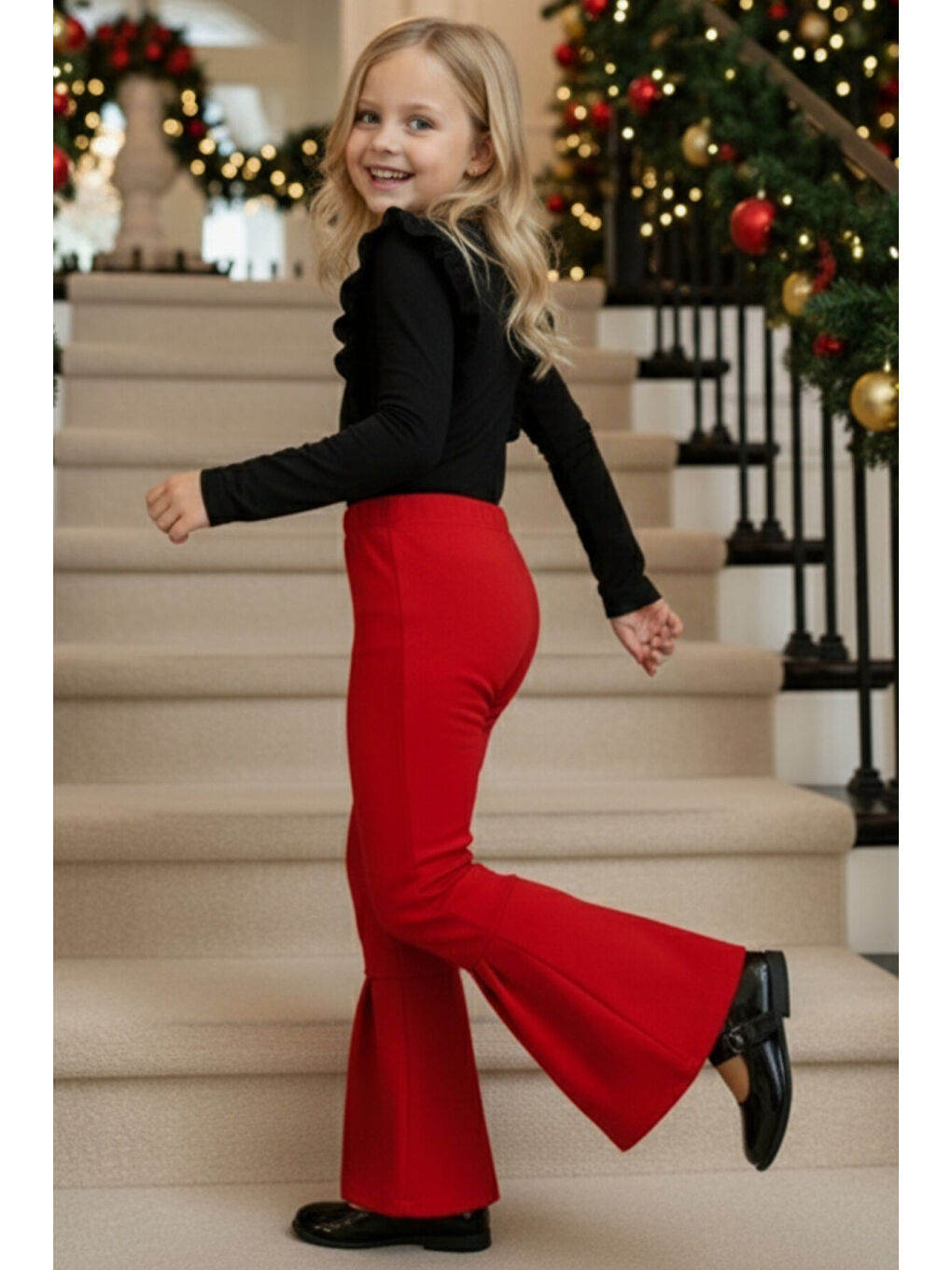Kız Çocuk Kırmızı Ispanyol Paça Yüksek Bel Lastikli Yılbaşı Tayt Pantolon-2