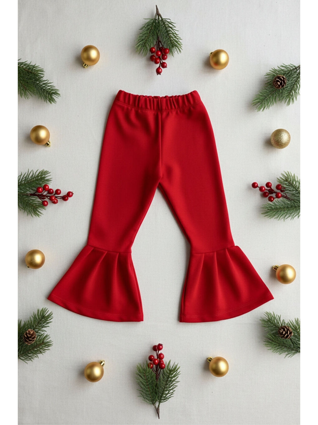 Kız Çocuk Kırmızı Ispanyol Paça Yüksek Bel Lastikli Yılbaşı Tayt Pantolon-4