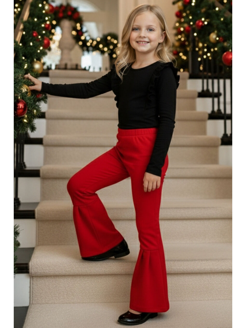 Kız Çocuk Kırmızı Ispanyol Paça Yüksek Bel Lastikli Yılbaşı Tayt Pantolon-5