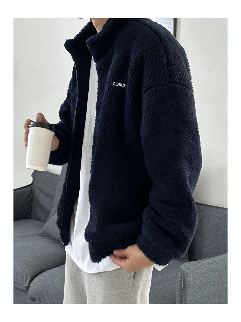 GENIUS STORE Lacivert Oversize Tam Fermuarlı Kuzu Sweatshirt İçi Polarlı Sherpa Kumaş Sweatshirt - 2