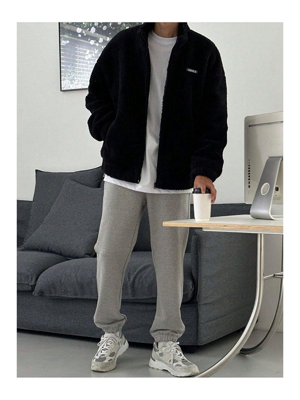 GENIUS STORE Siyah Oversize Tam Fermuarlı Kuzu Sweatshirt İçi Polarlı Sherpa Kumaş Sweatshirt - 3