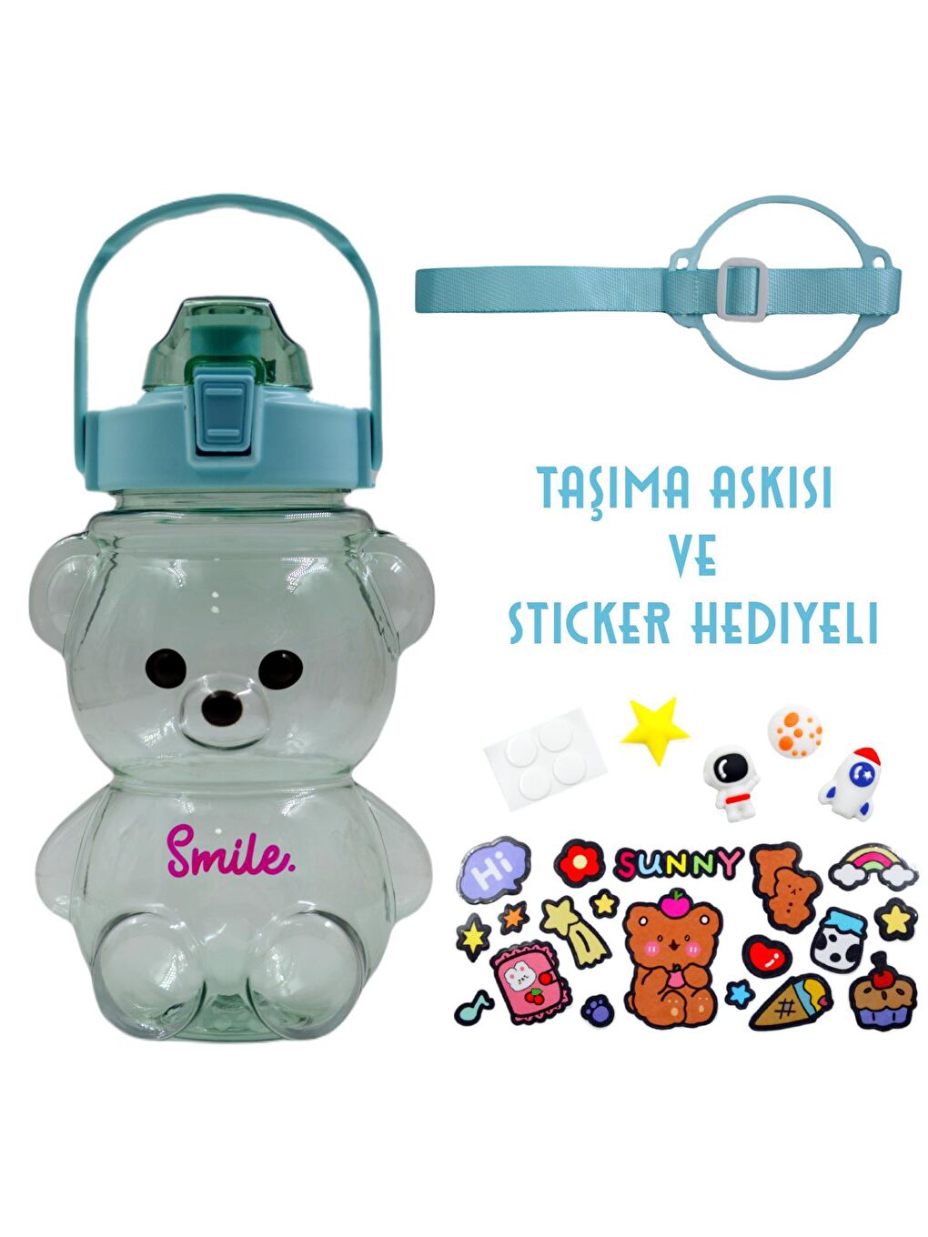 BottleBoss Yeşil Pipetli Taşıma Askılı Gülümseyen Ayıcık Matara 1,5 Litre Sticker HEDİYELİ Yeşil - 1