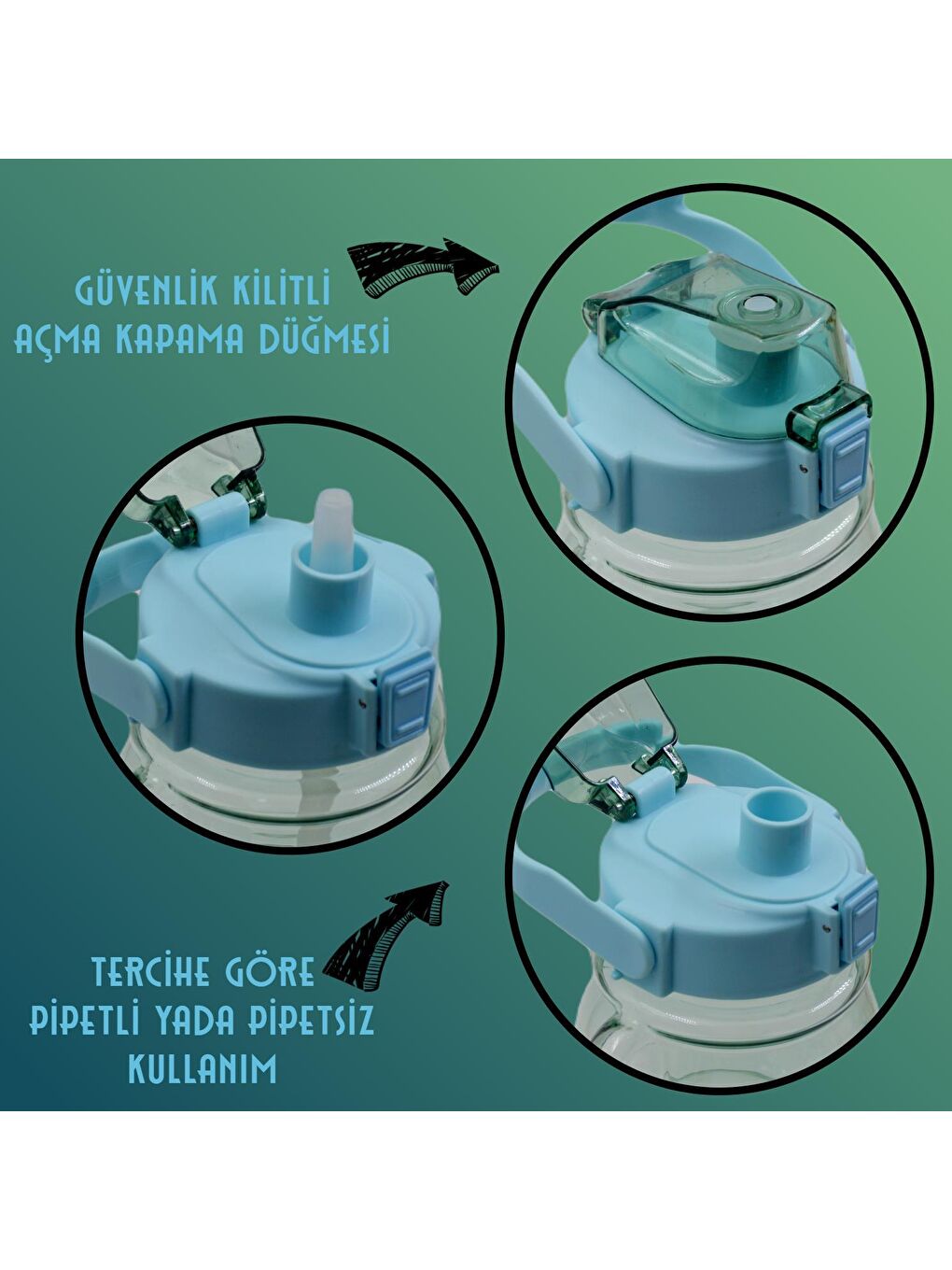 BottleBoss Yeşil Pipetli Taşıma Askılı Gülümseyen Ayıcık Matara 1,5 Litre Sticker HEDİYELİ Yeşil - 2