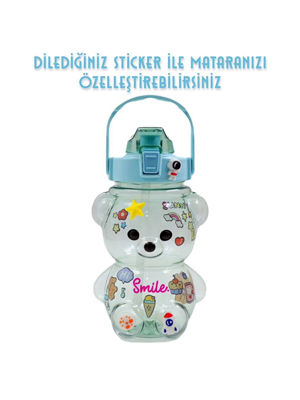 BottleBoss Yeşil Pipetli Taşıma Askılı Gülümseyen Ayıcık Matara 1,5 Litre Sticker HEDİYELİ Yeşil - 4