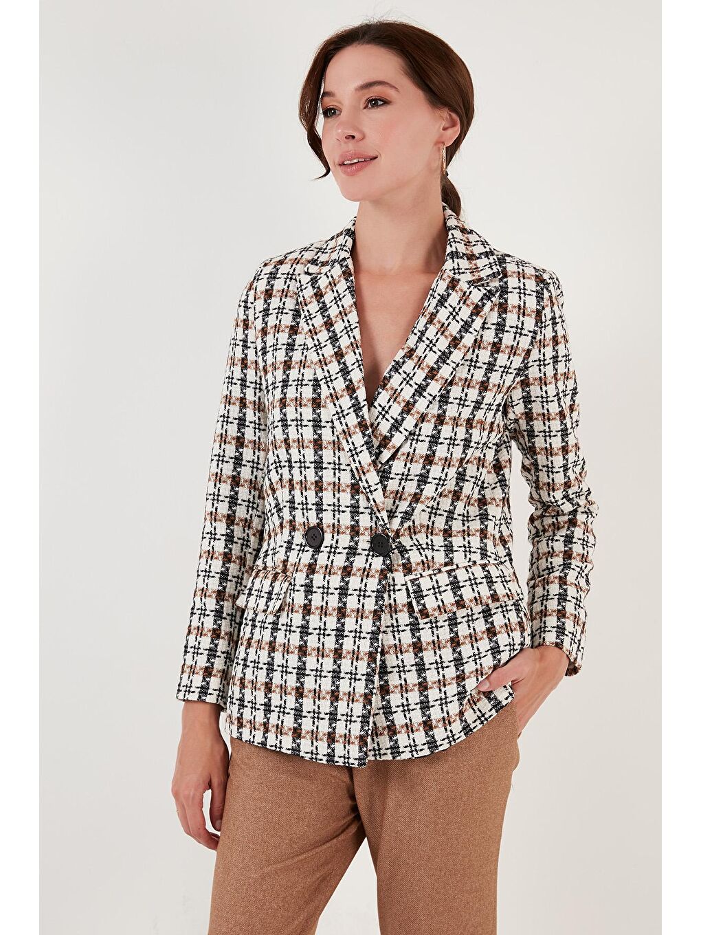 Lela Camel-Kahverengi Regular Fit Kruvaze Yaka Tüvit Blazer Ceket 611CE0310 - 3