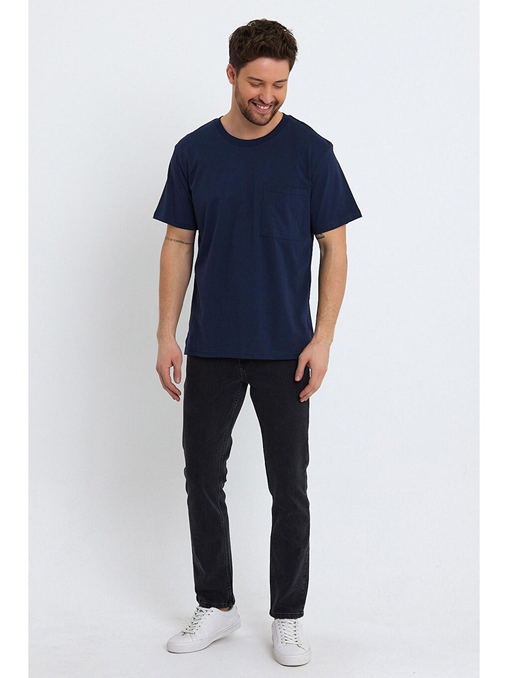 İndigo Bisiklet Yaka Relax Fit Cepli Erkek Tişört-1