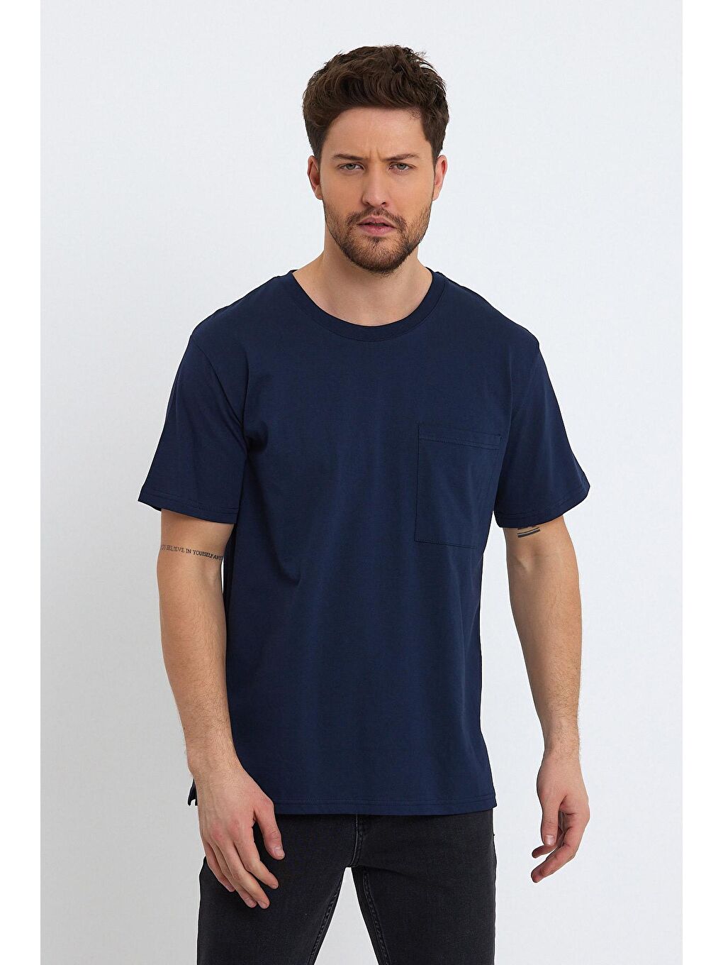 İndigo Bisiklet Yaka Relax Fit Cepli Erkek Tişört-3