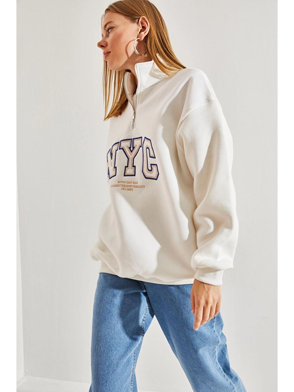 SHADE Beyaz Kadın NYC Baskılı Yakası Fermuarlı Üç İplik Şardonlu Sweatshirt - 1