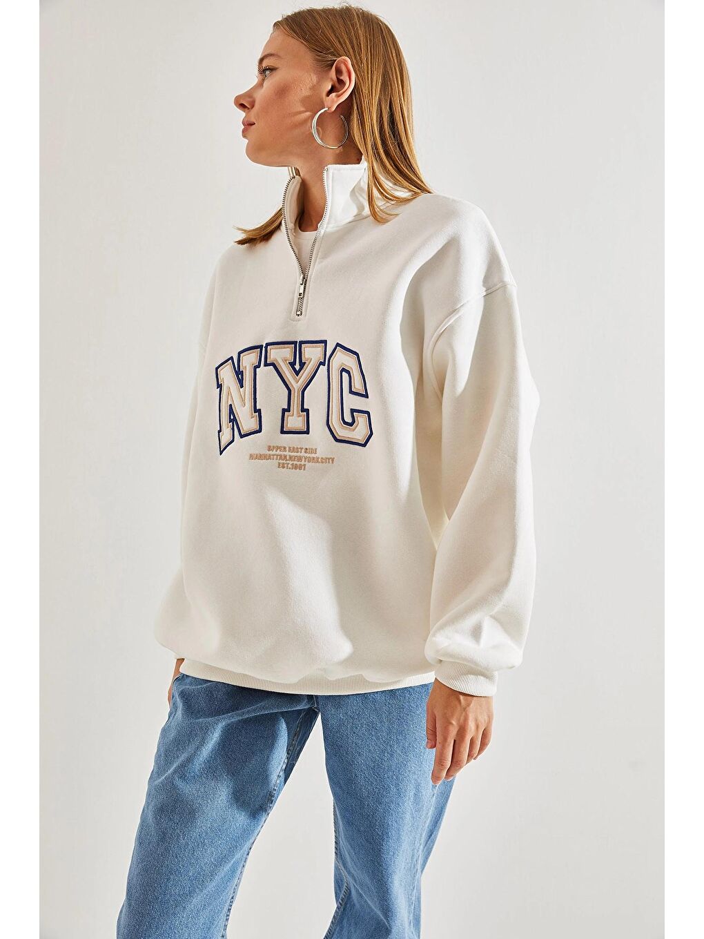 SHADE Beyaz Kadın NYC Baskılı Yakası Fermuarlı Üç İplik Şardonlu Sweatshirt - 2