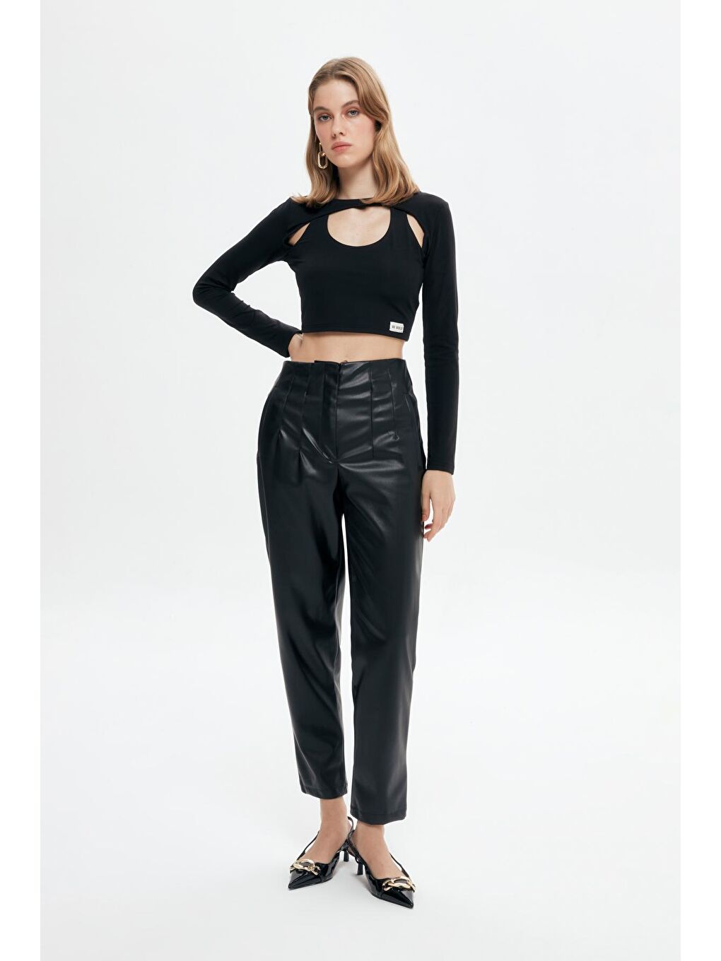 Pens Detaylı Deri Pantolon Siyah-1