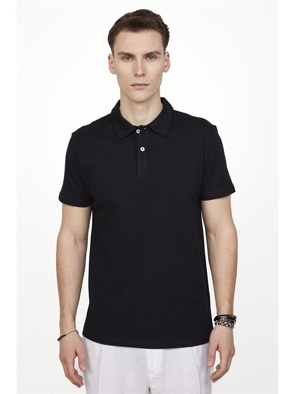 Siyah Slim Fit Desenli Polo Yaka Erkek Tişört