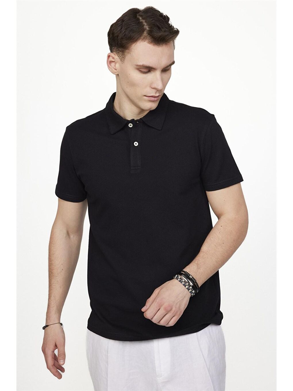 Siyah Slim Fit Desenli Polo Yaka Erkek Tişört-1