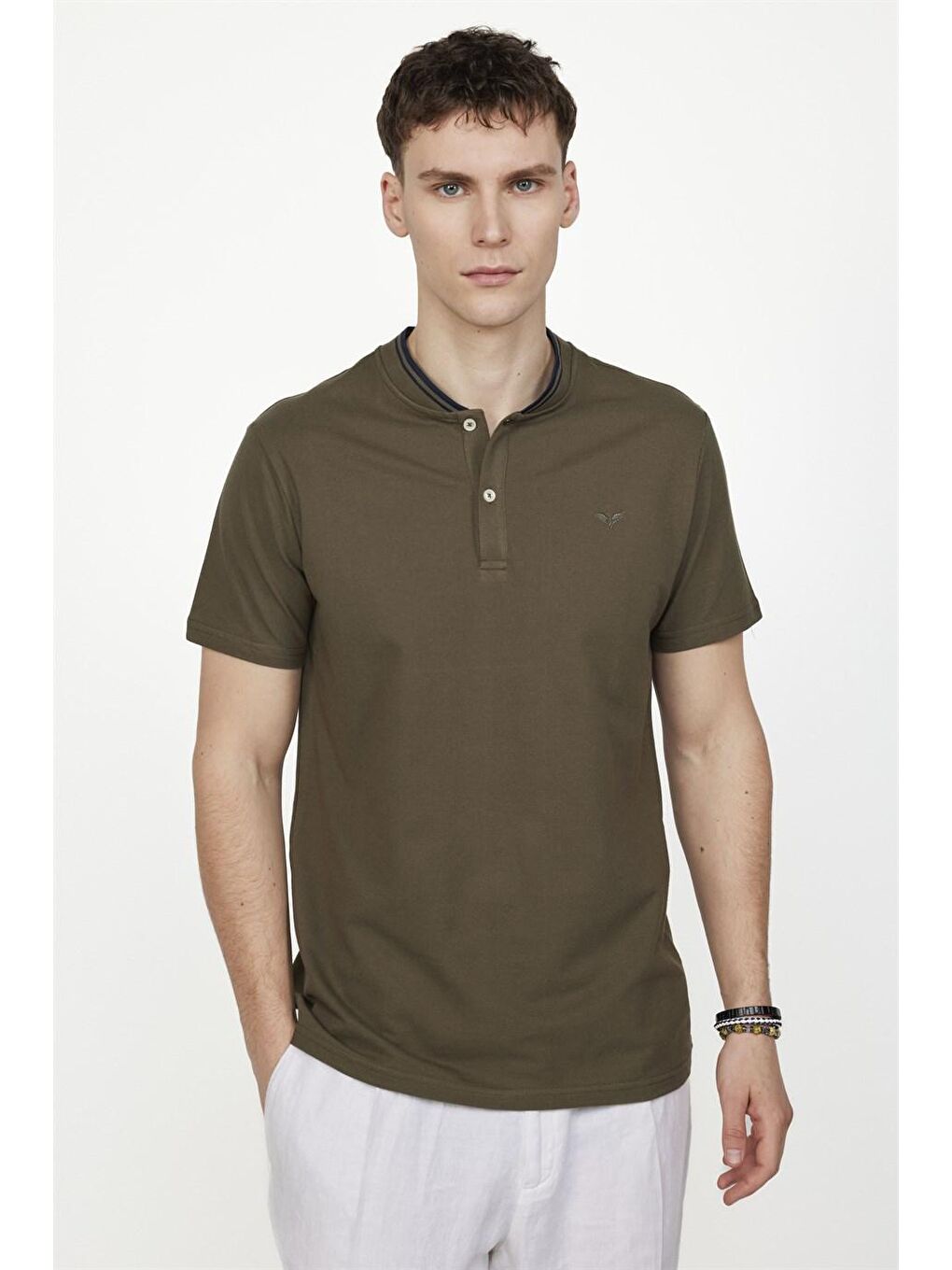 Erkek Slim Fit Dar Kesim %100 Pamuk Düz Pike Haki Hakim Yaka Tişört