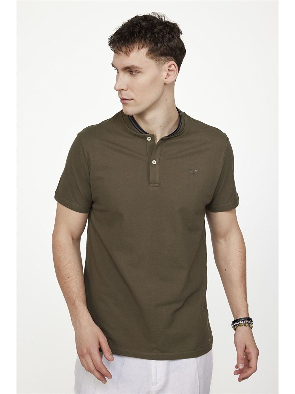 Erkek Slim Fit Dar Kesim %100 Pamuk Düz Pike Haki Hakim Yaka Tişört-1