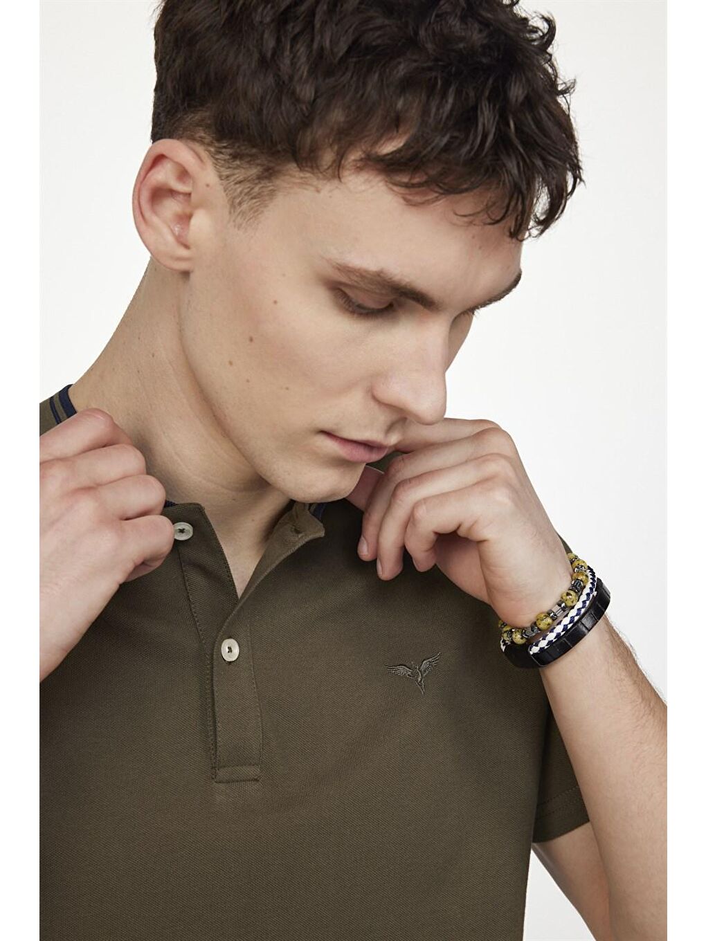 Erkek Slim Fit Dar Kesim %100 Pamuk Düz Pike Haki Hakim Yaka Tişört-2