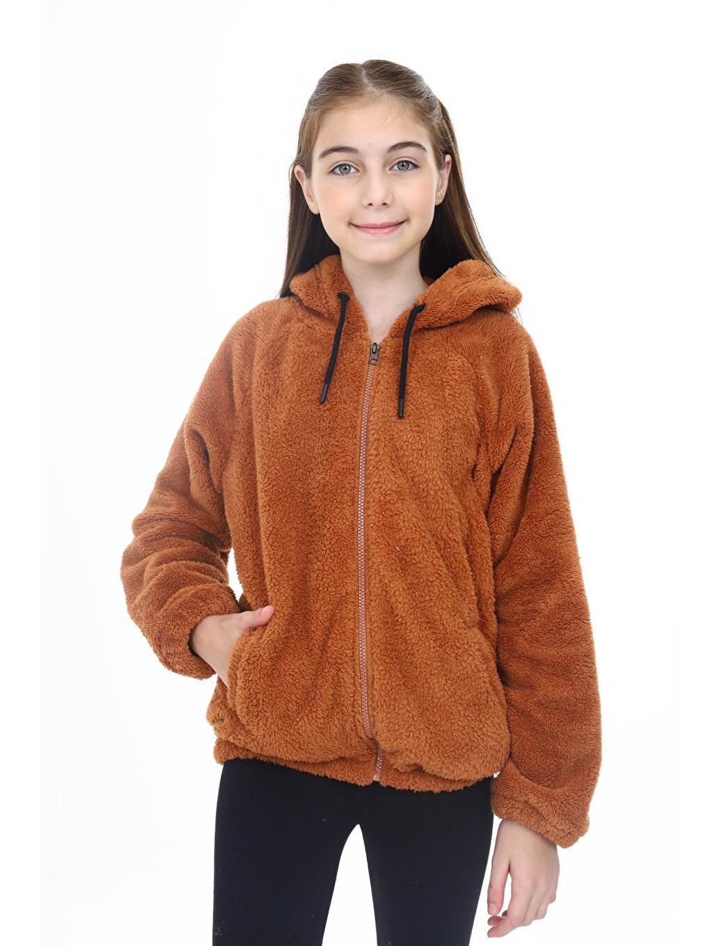 Kahverengi Kız Çocuk Pelüş Fermuarlı Sweatshirt