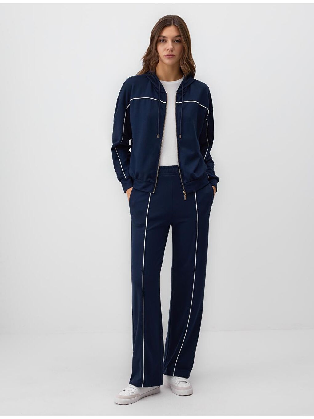 Lacivert Rahat Kesim Yüksek Bel Bol Paça Modal Örme Pantolon