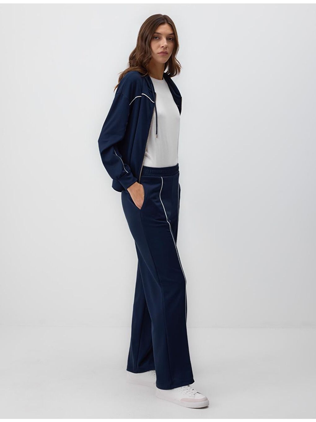 Lacivert Rahat Kesim Yüksek Bel Bol Paça Modal Örme Pantolon-2