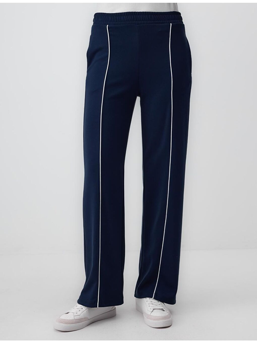 Lacivert Rahat Kesim Yüksek Bel Bol Paça Modal Örme Pantolon-3