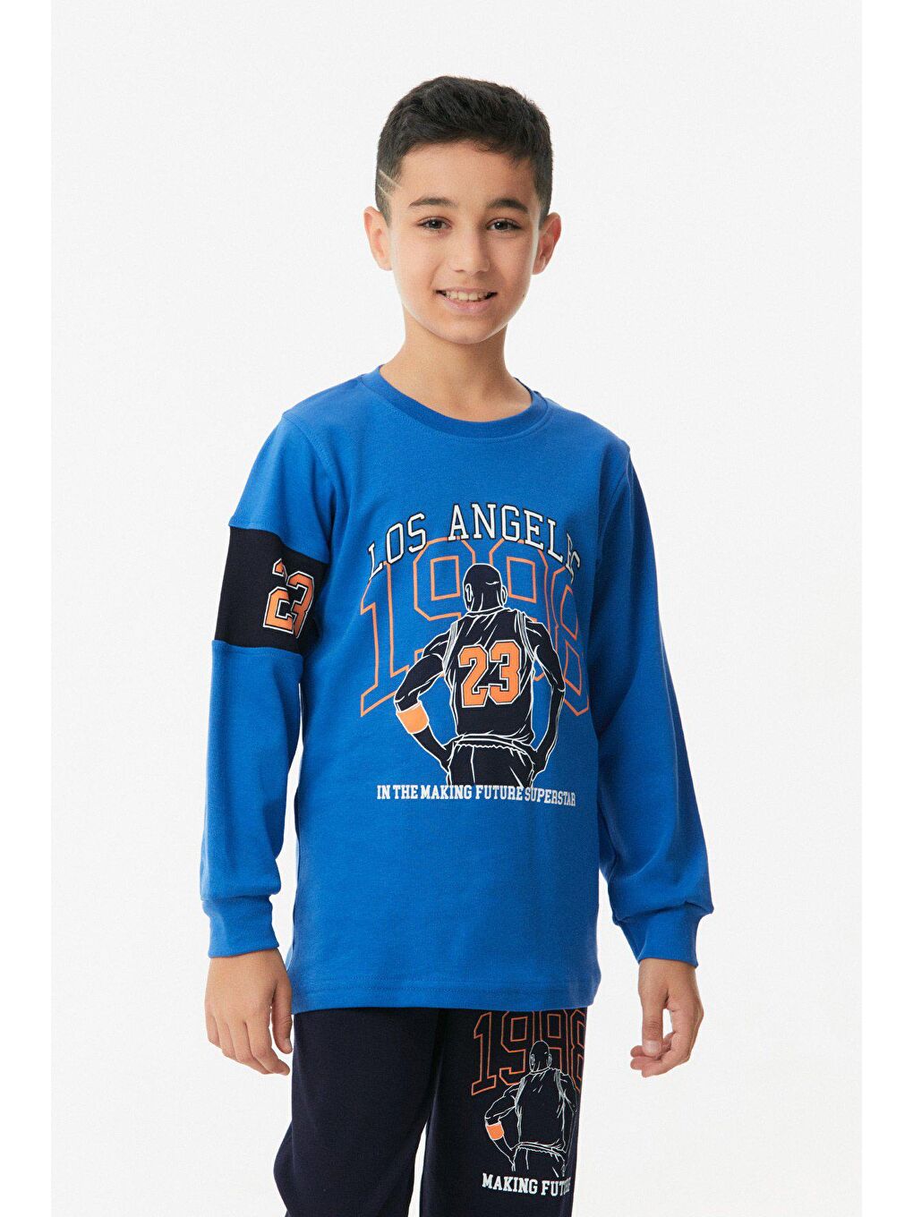 Mavi Baskılı Bisiklet Yaka Jogger Erkek Çocuk Pijama Takımı