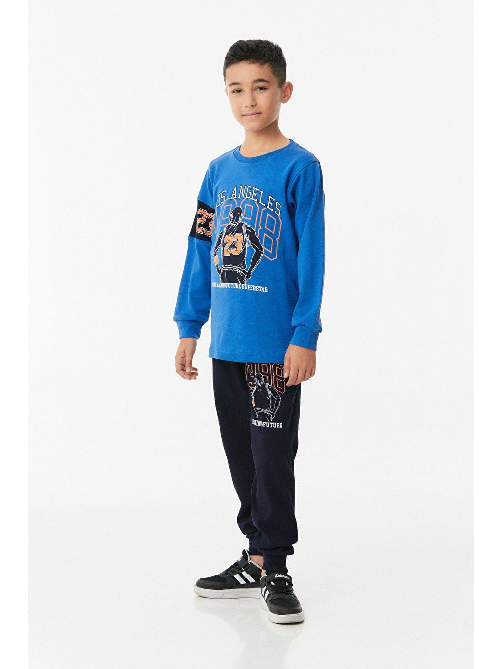 Mavi Baskılı Bisiklet Yaka Jogger Erkek Çocuk Pijama Takımı-1