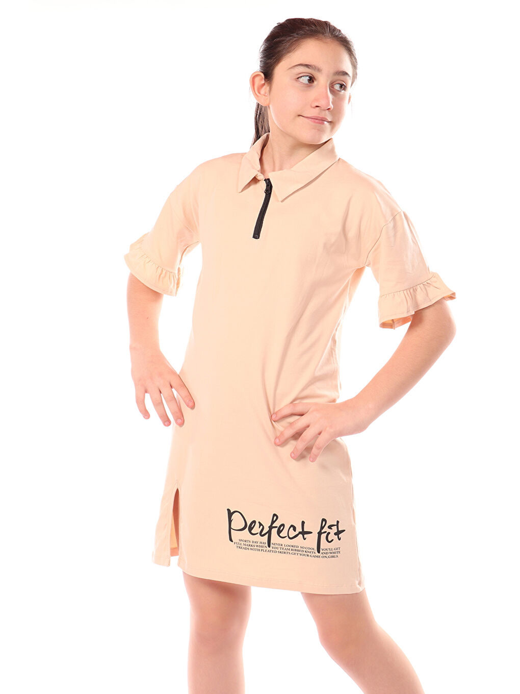 Bej Kız Çocuk Yakalı Fermuar Detaylı Perfect Fit Baskılı Elbise-2