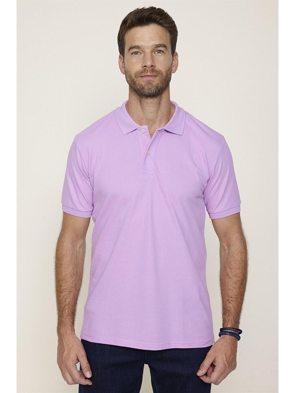 Erkek Slim Fit Dar Kesim %100 Pamuk Düz Pike Lila Polo Yaka Tişört-1