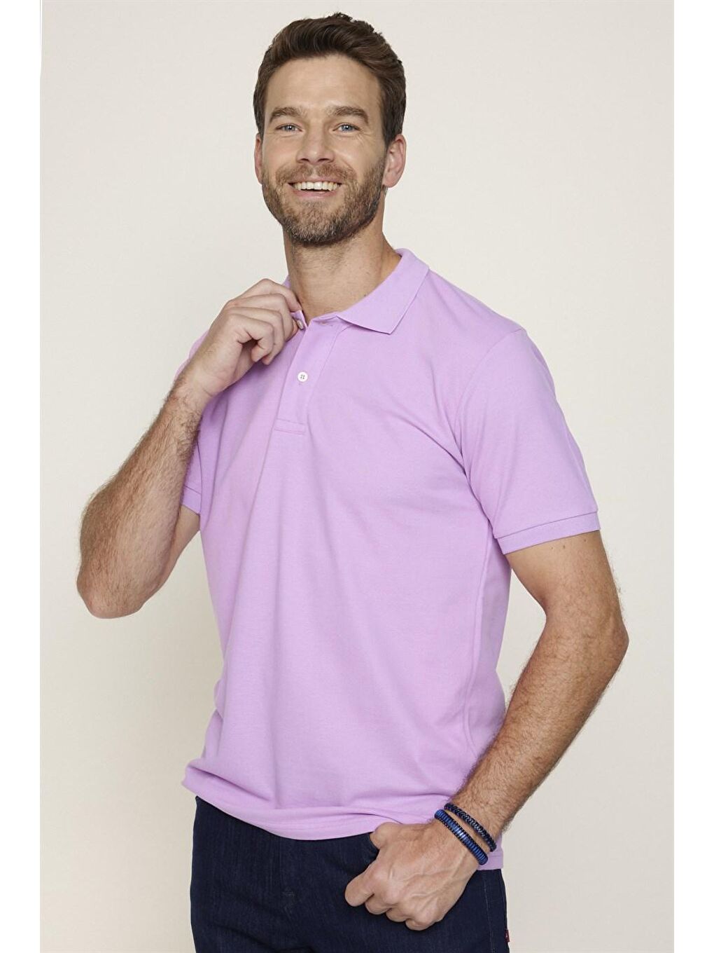 Erkek Slim Fit Dar Kesim %100 Pamuk Düz Pike Lila Polo Yaka Tişört-2