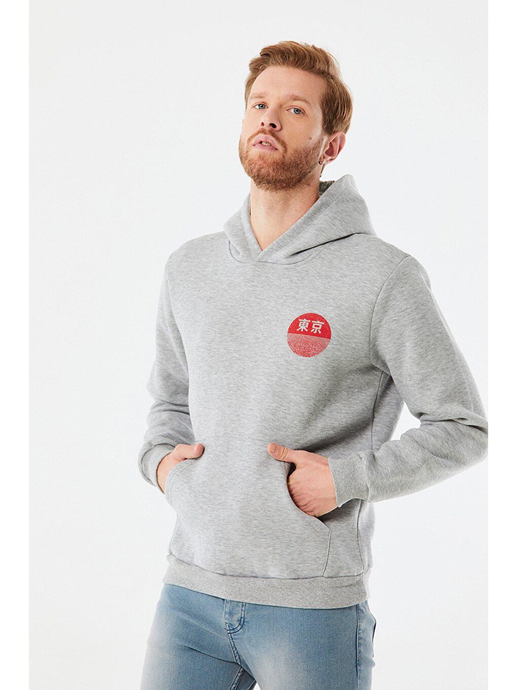 Gri Baskılı Kanguru Cepli Kapüşonlu Sweatshirt
